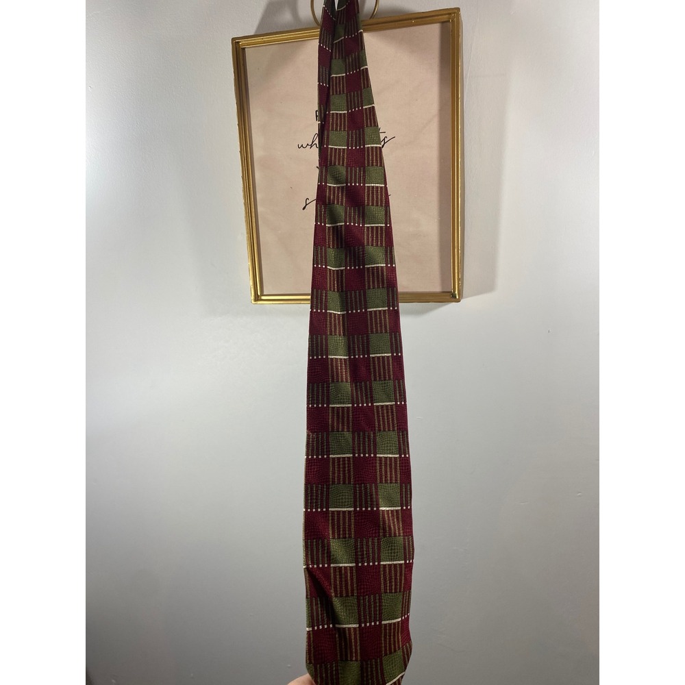Kenneth Cole New York Silk Necktie Burgundy Red Olive Green Geometric Grid Tie